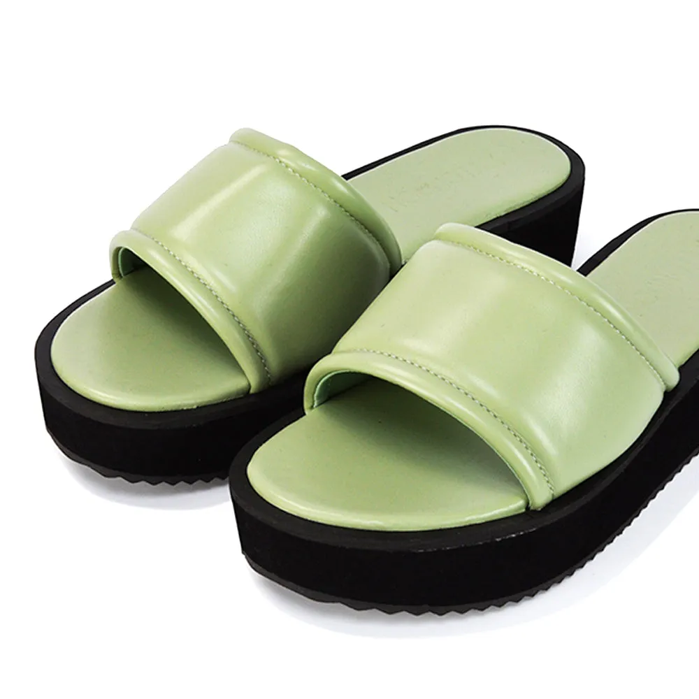 Julian Cleated Sole Slip on Flatform Slider Sandal Slippers in Mint Synthetic Leather