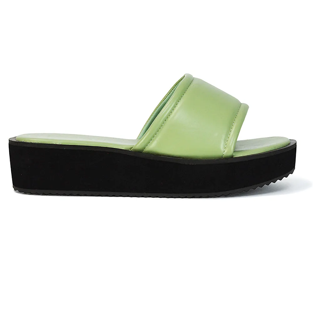 Julian Cleated Sole Slip on Flatform Slider Sandal Slippers in Mint Synthetic Leather