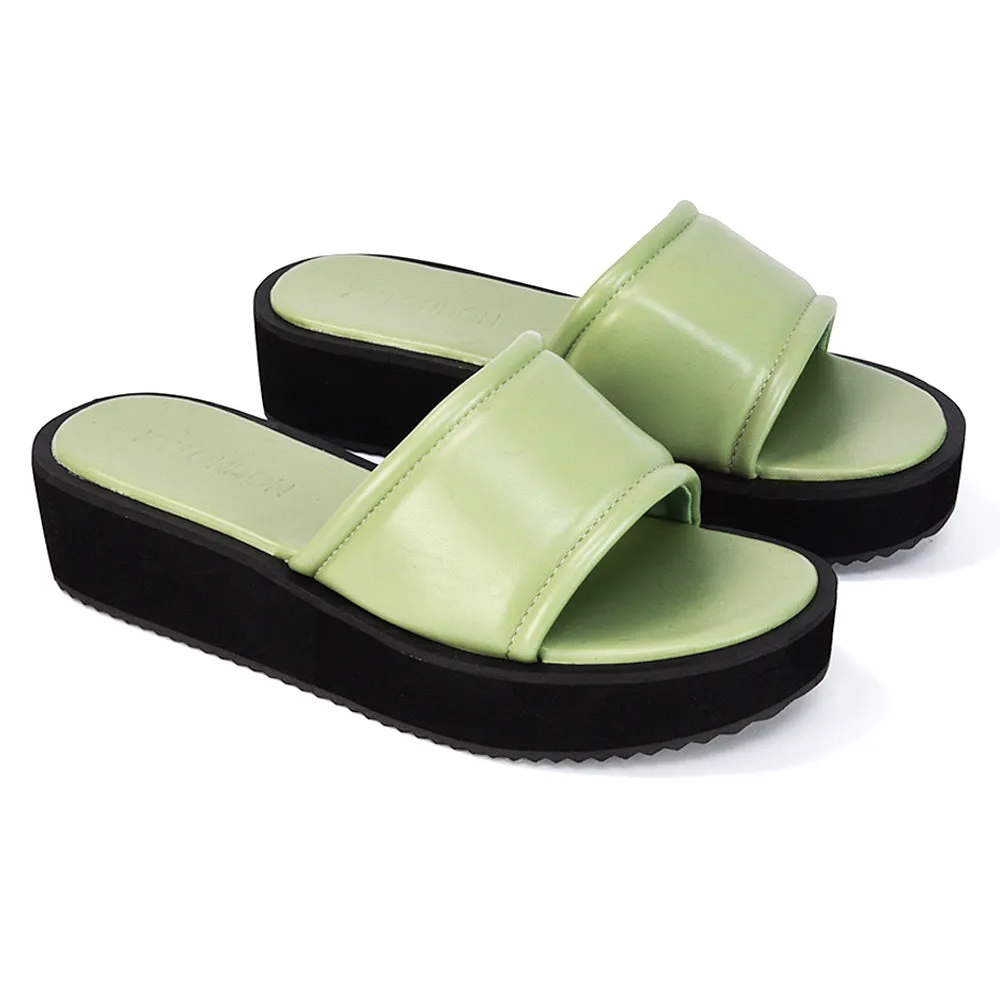 Julian Cleated Sole Slip on Flatform Slider Sandal Slippers in Mint Synthetic Leather