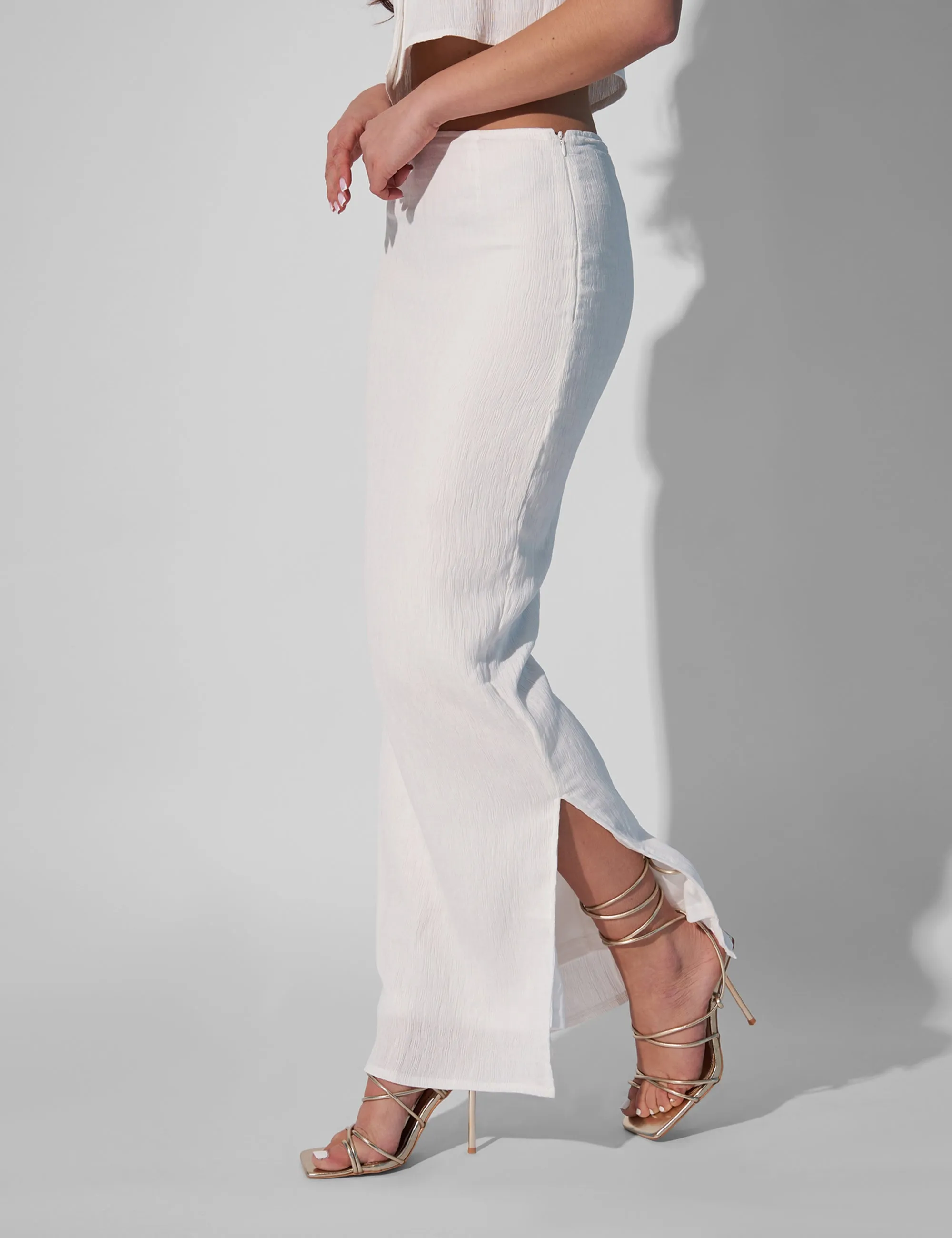 Kaiia Textured Column Side Split Maxi Skirt Co-ord White