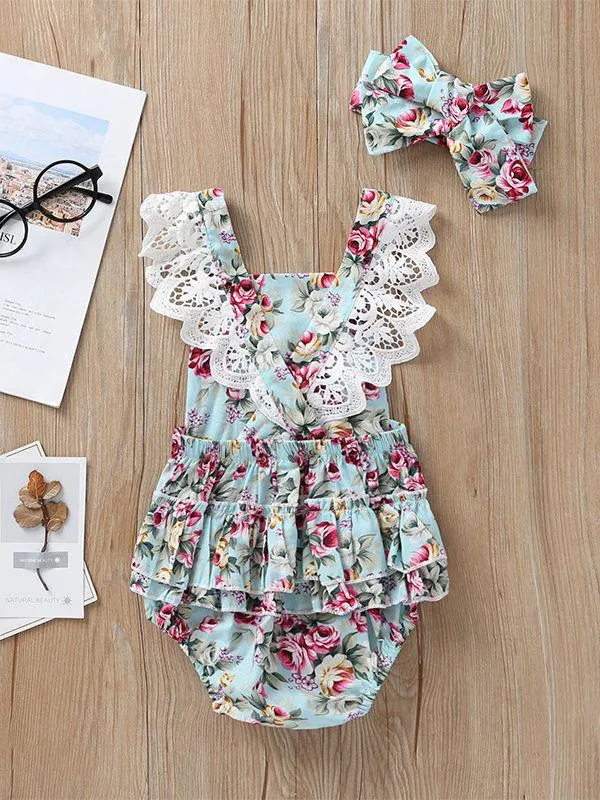 Lace Trim Flower Backless Bodysuit   Headband 2-Piece Outfit For Baby Girl