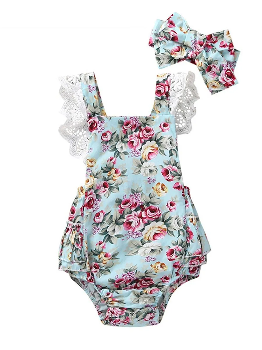 Lace Trim Flower Backless Bodysuit   Headband 2-Piece Outfit For Baby Girl