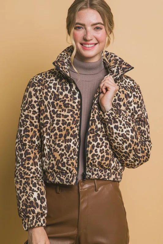 Leopard Print Bomber Puffer Jacket