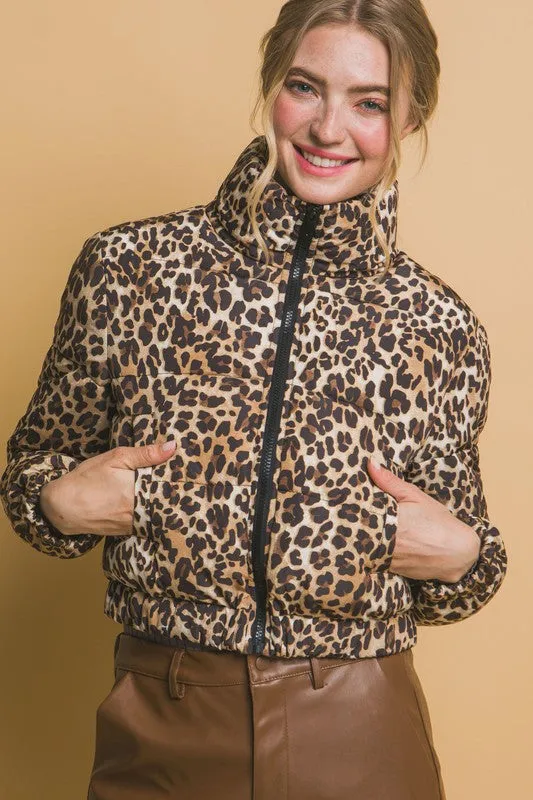 Leopard Print Bomber Puffer Jacket