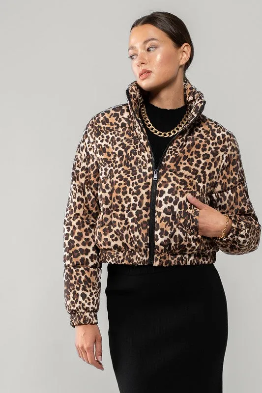 Leopard Print Bomber Puffer Jacket