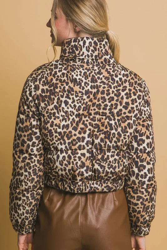 Leopard Print Bomber Puffer Jacket