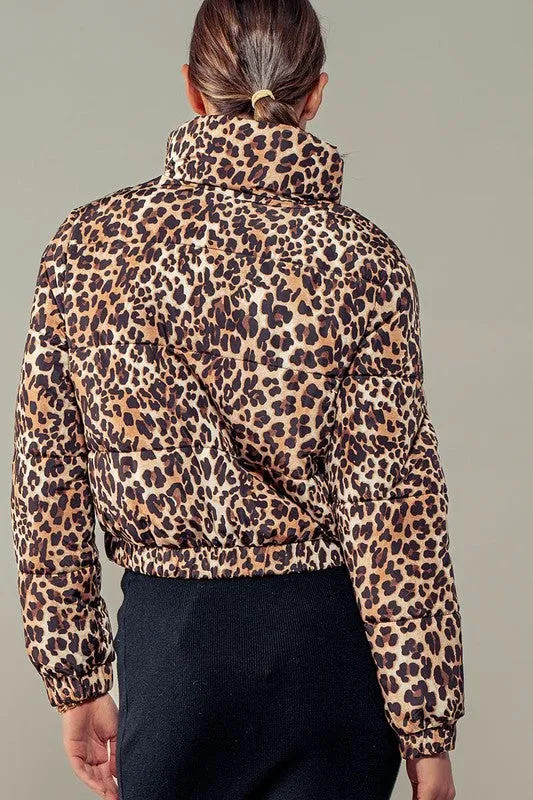 Leopard Print Bomber Puffer Jacket