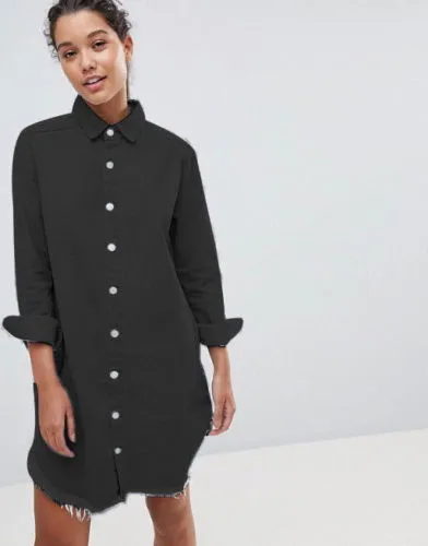 Long Sleeve Button-Up Collared Denim Shirt Dresses