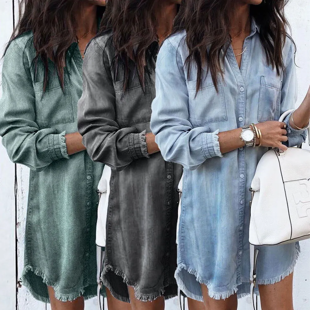 Long Sleeve Button-Up Collared Denim Shirt Dresses