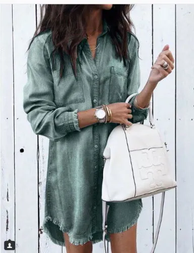 Long Sleeve Button-Up Collared Denim Shirt Dresses