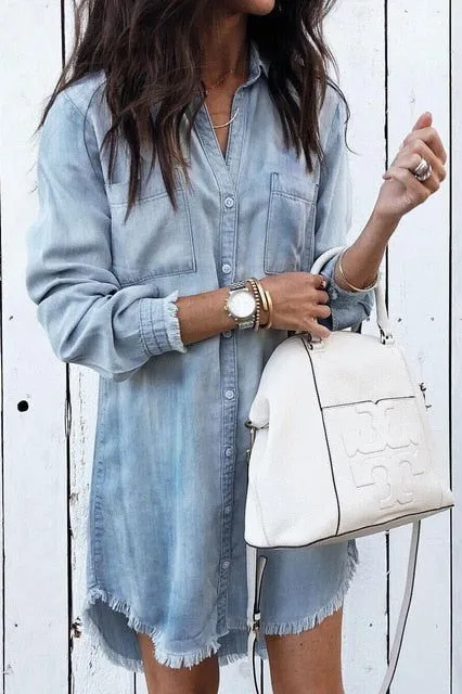 Long Sleeve Button-Up Collared Denim Shirt Dresses