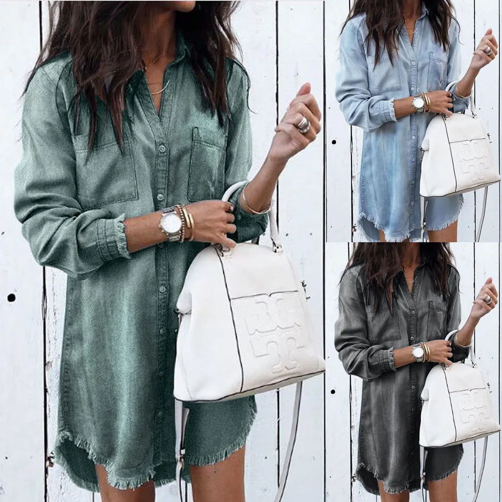 Long Sleeve Button-Up Collared Denim Shirt Dresses