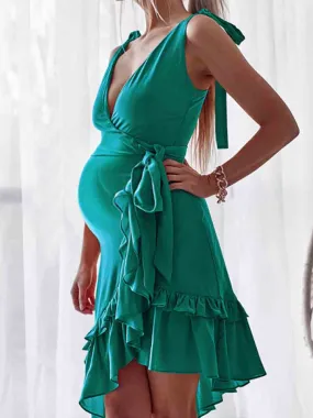 Maternity Deep V Asymmetric Falbala Daily Dress