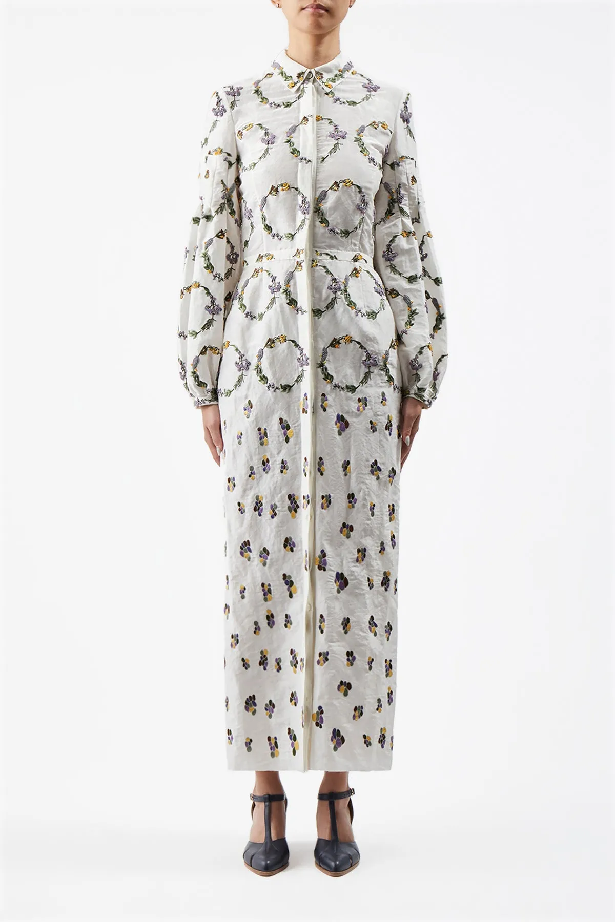 Mauri Embroidered Shirtdress in Ivory Linen Silk