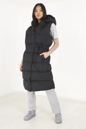 MAXI LENGTH BELTED FIXED HOOD PADDED PUFFER GILET