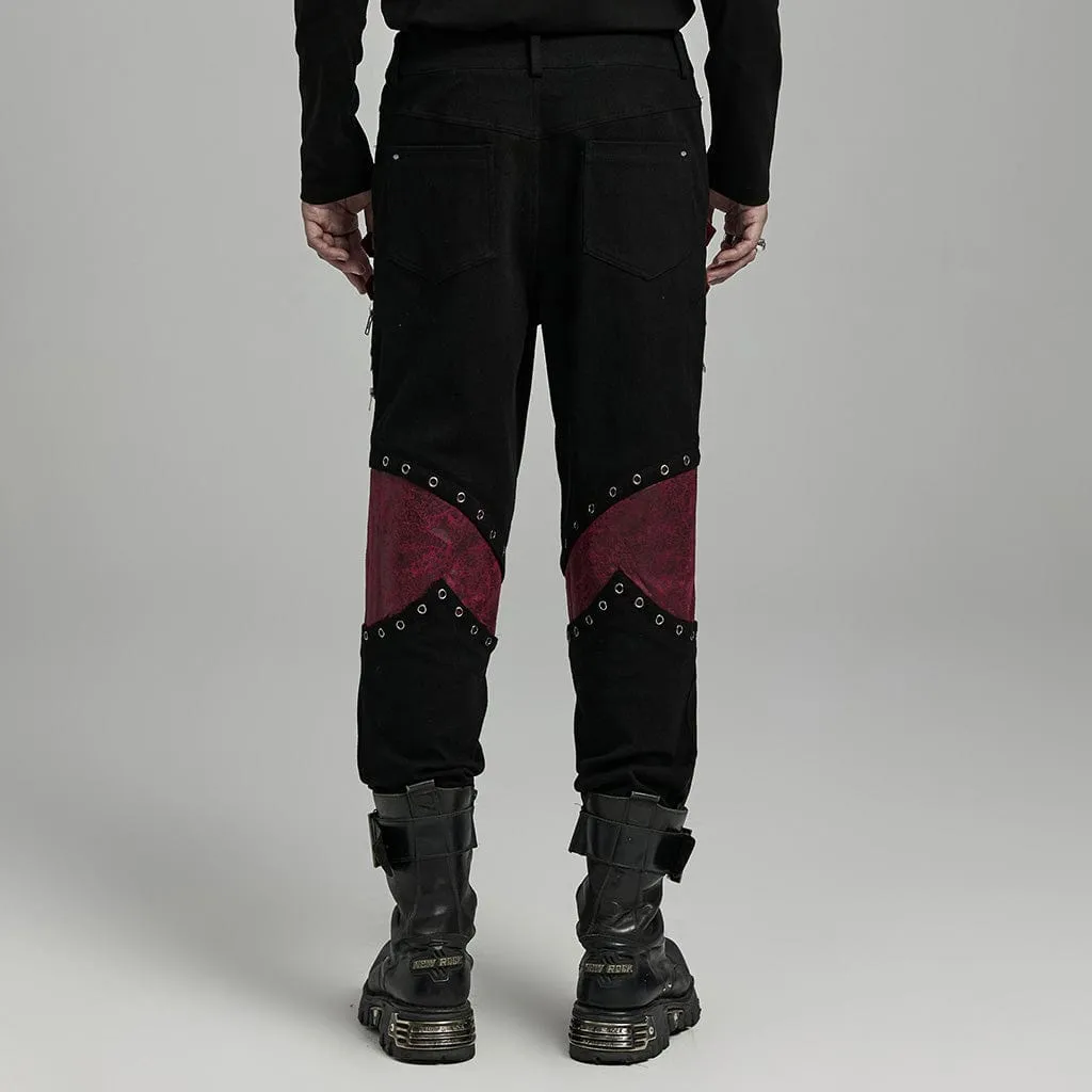 Men's Punk Strappy Faux Leather Splice Black Red Pants