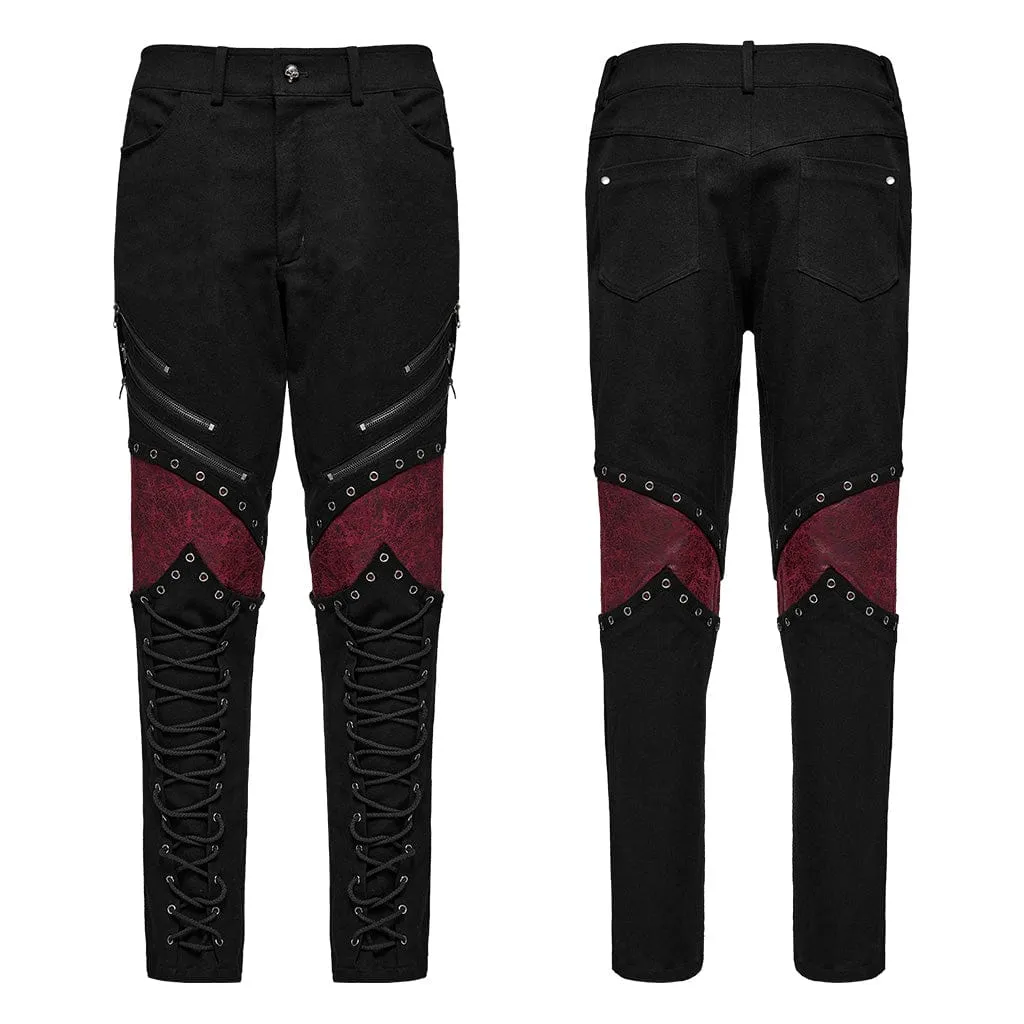 Men's Punk Strappy Faux Leather Splice Black Red Pants