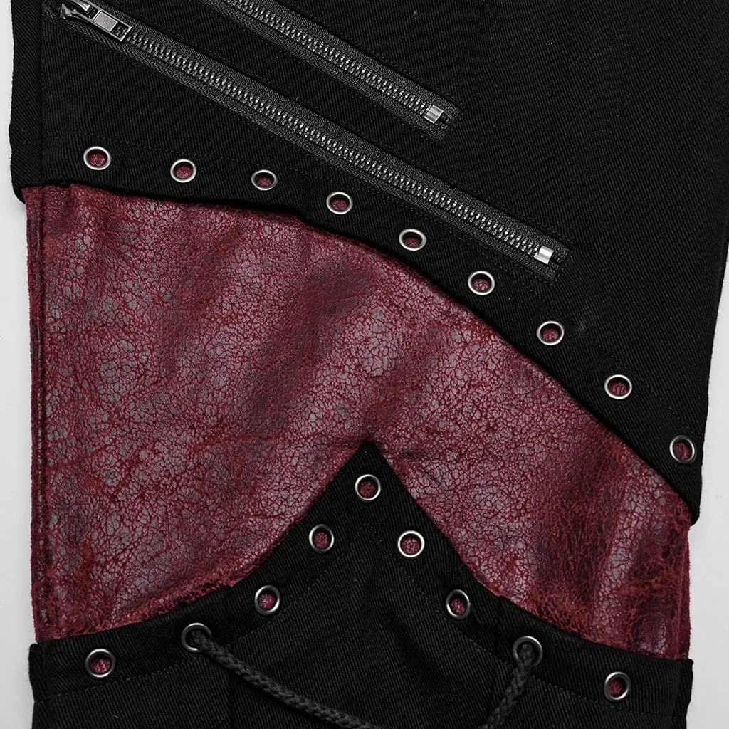 Men's Punk Strappy Faux Leather Splice Black Red Pants