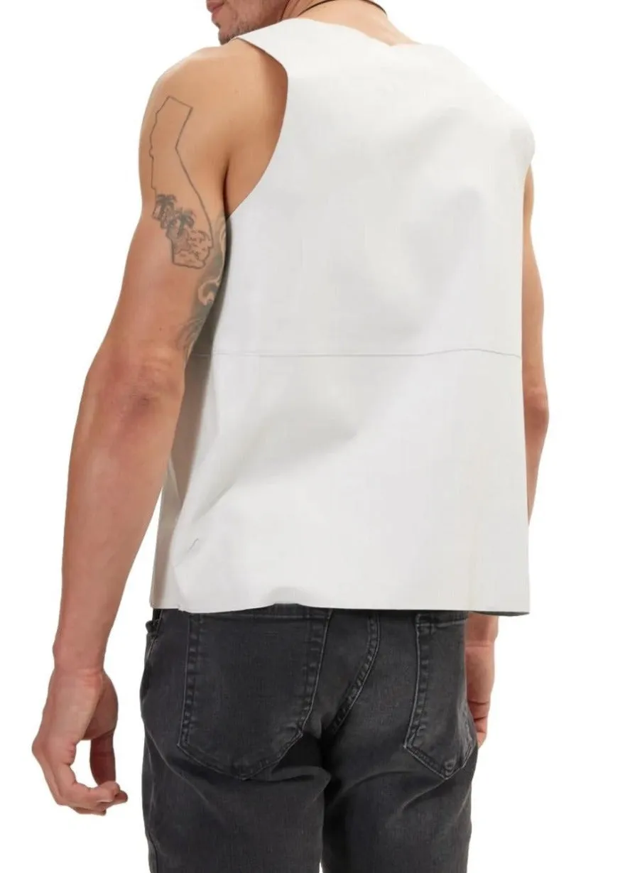 Mens White Leather Tank Top