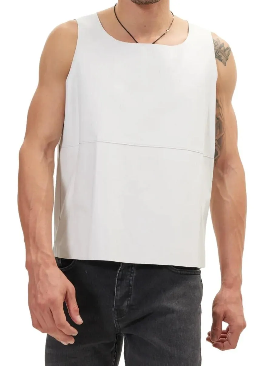 Mens White Leather Tank Top