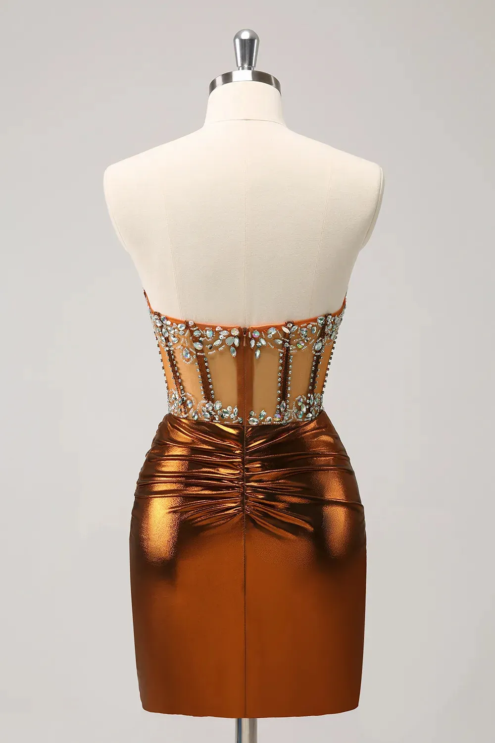 Metallic Copper Strapless Ruched Bodycon Corset Homecoming Dress with Beading