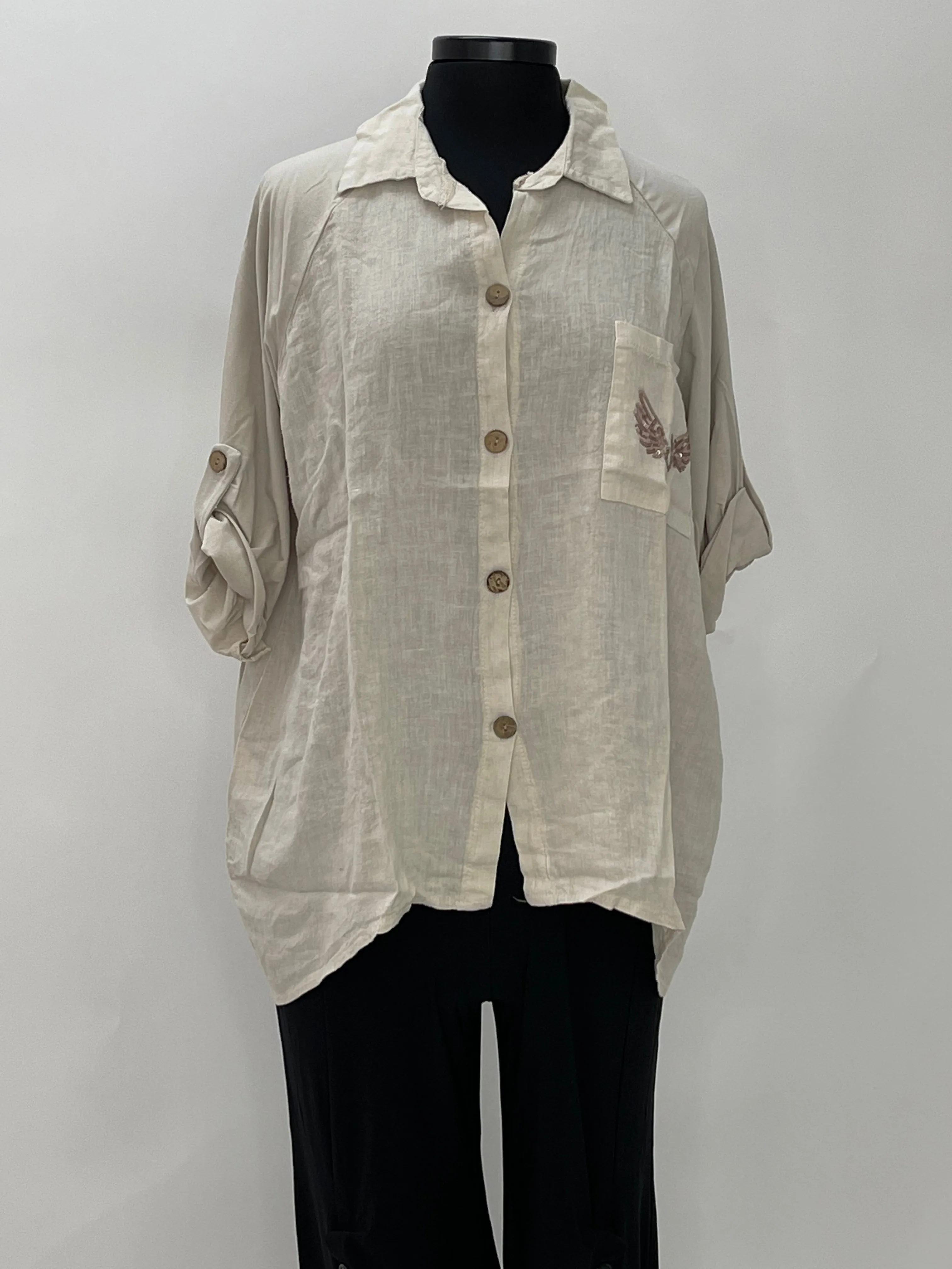 Natural Cotton Linen Button Up with Angel Wings