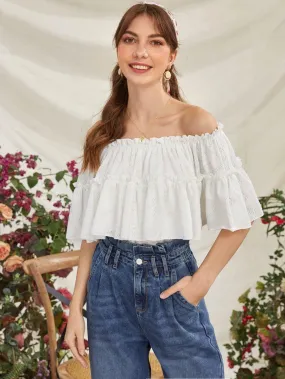 Off Shoulder Layered Ruffle Trim Top