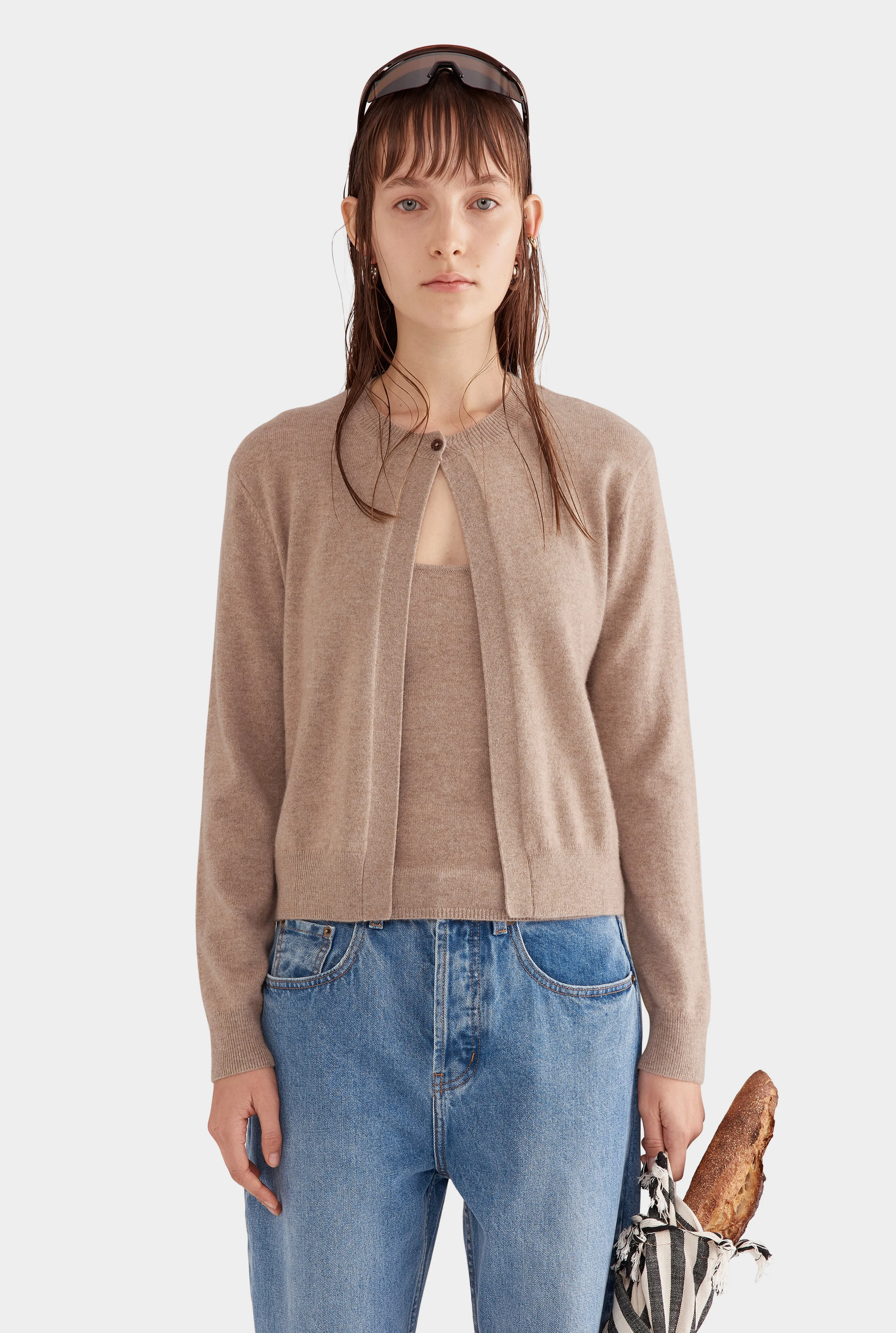 One Button Cashmere Cardigan - Stone Marl