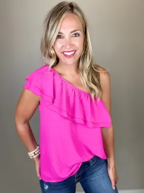 One Shoulder Ruffle Top- Hot Pink