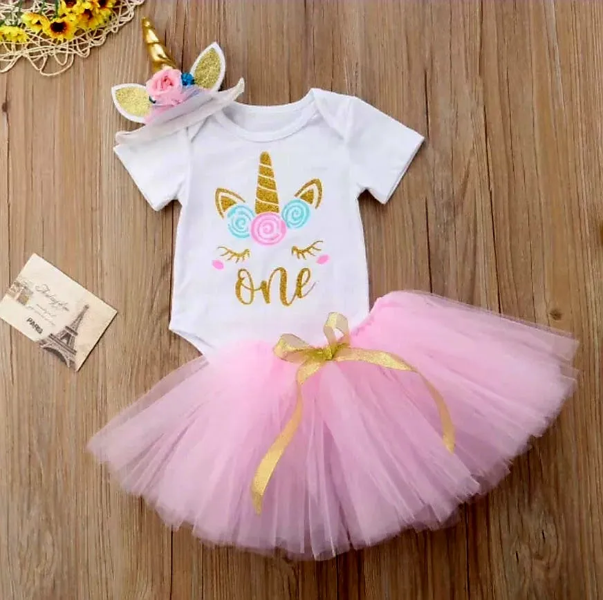 One Unicorn Birthday Romper with Tutu and Unicorn Headband  #1000931