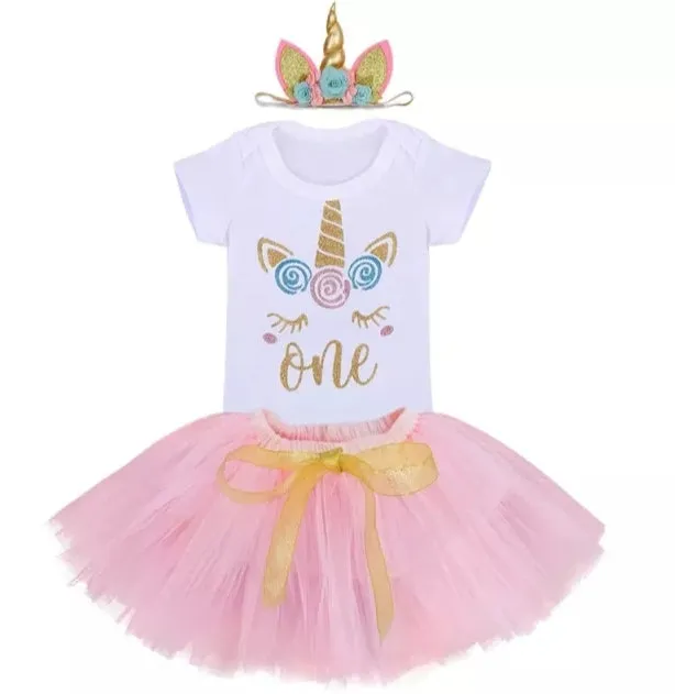 One Unicorn Birthday Romper with Tutu and Unicorn Headband  #1000931