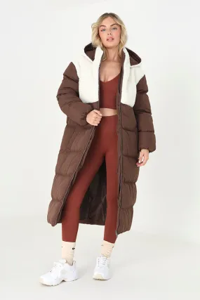 PADDED MAXI COAT WITH BORG PANEL AND HOOD