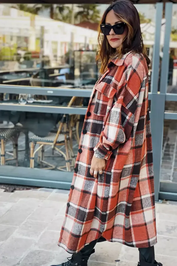 Plaid Flannel Maxi Jacket | Orange