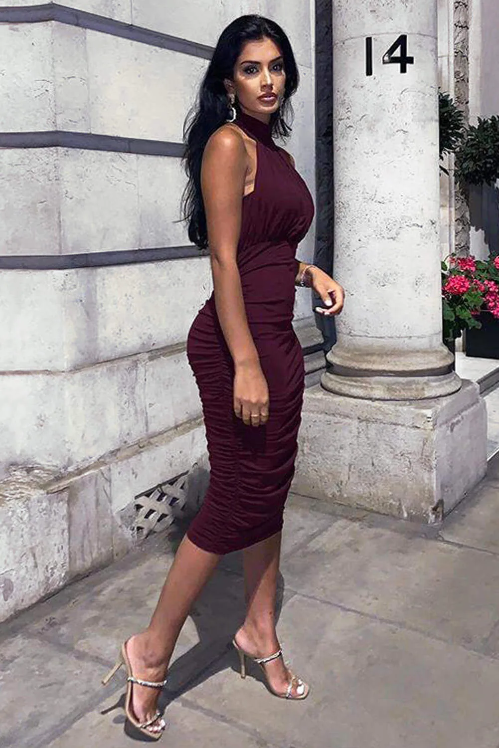 Plum High Neck Ruched Bodycon Midi Dress