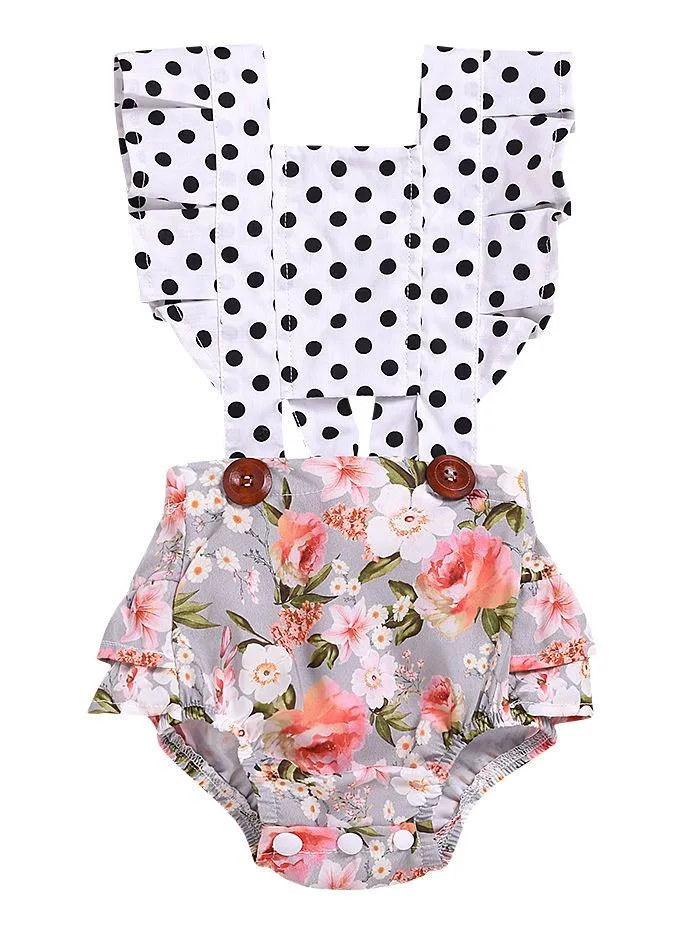 Polka Dots Flower Frilled Bodysuit Baby Girl Summer Romper