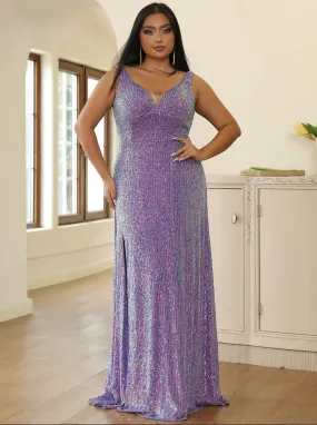 Purple Sequin Plus Size  V Neck Sleeveless A-line Party Gown