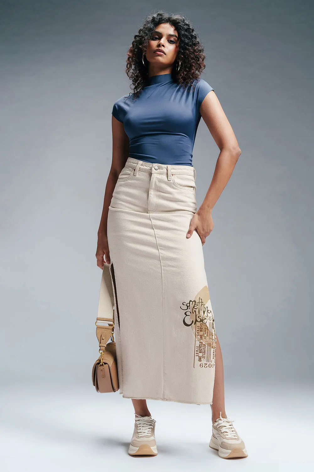 Radiant Ecru Denim Side Slit Maxi Skirt