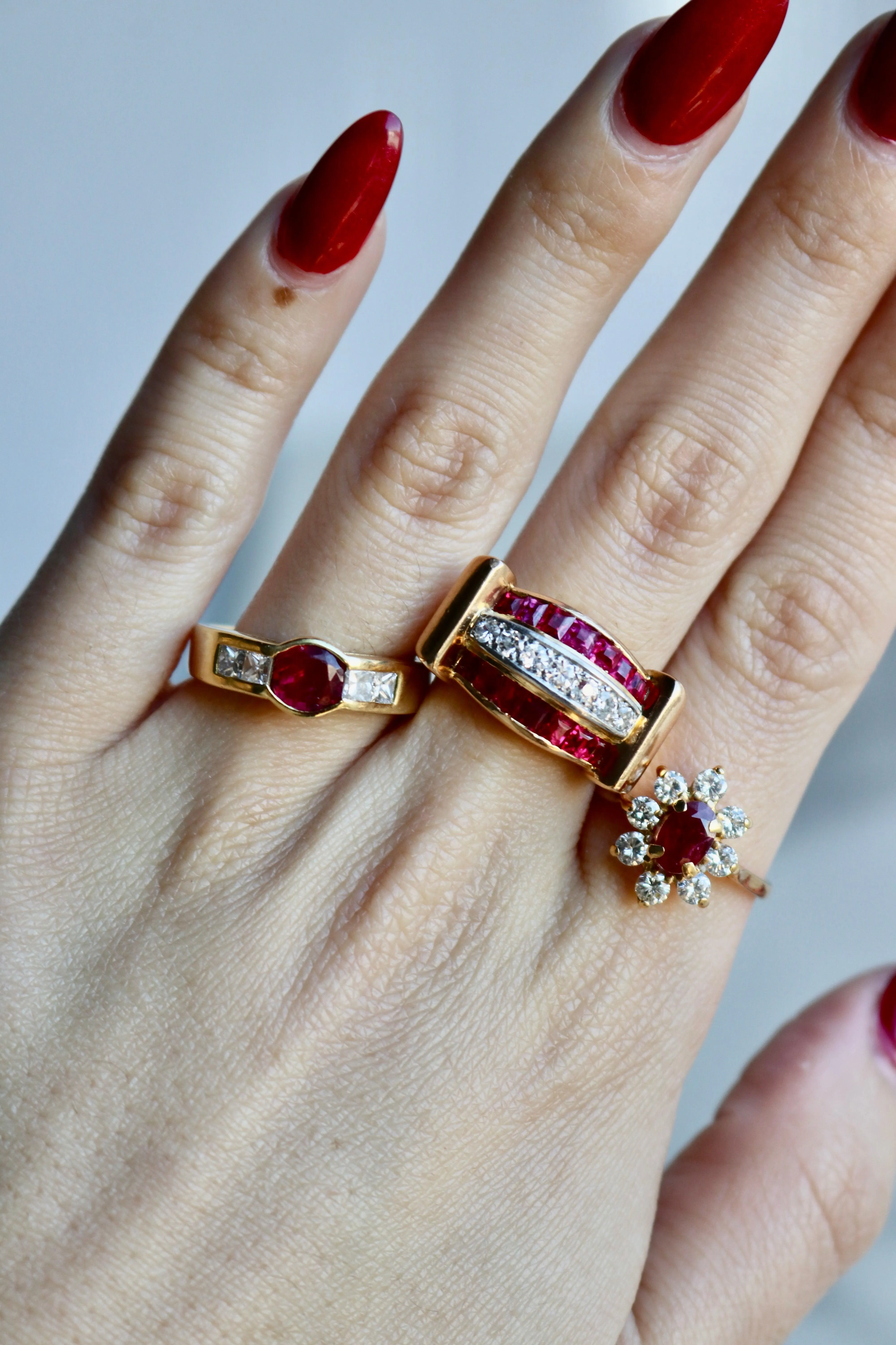 Retro French Diamond and Synthetic Ruby 18k Yellow Gold Tank Ring