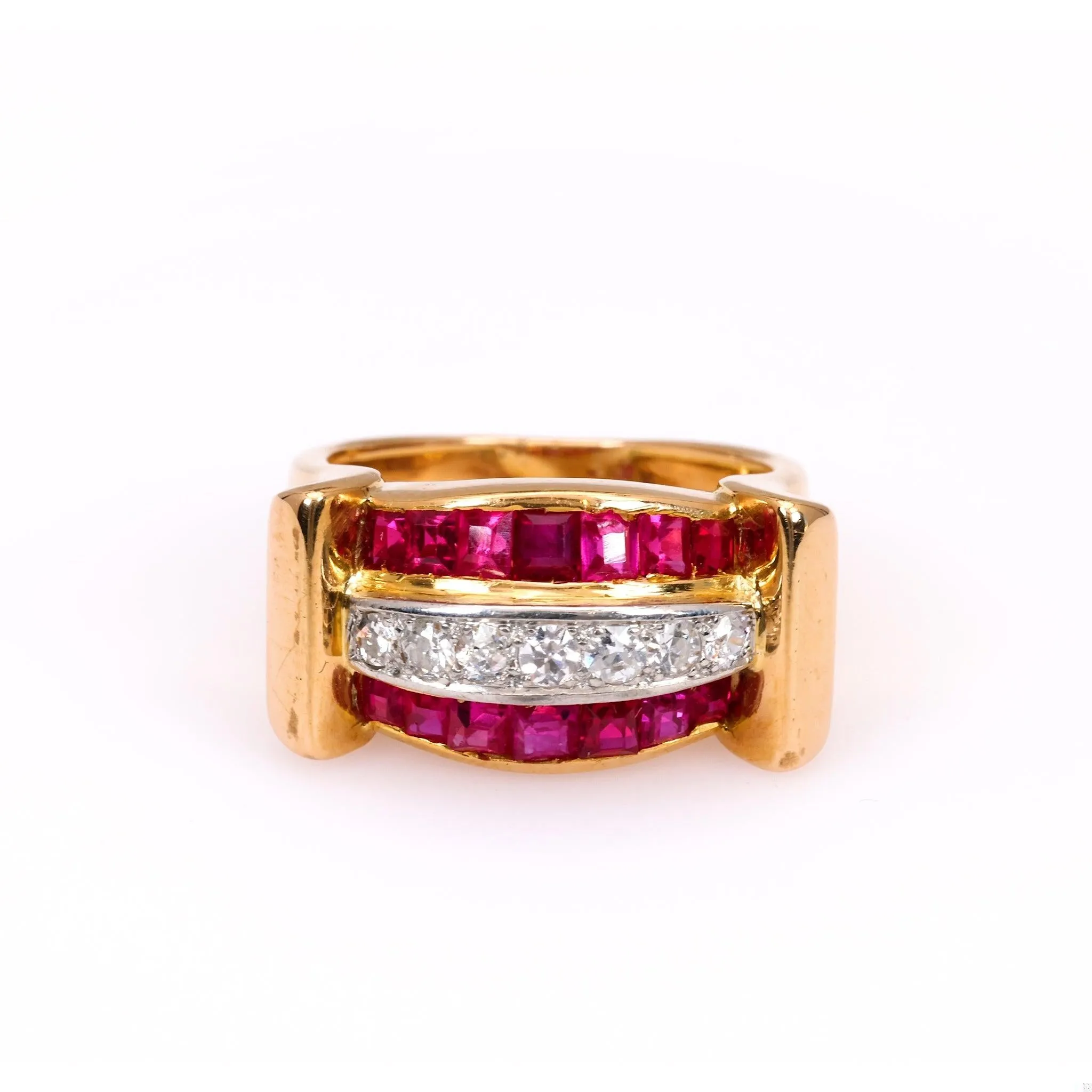 Retro French Diamond and Synthetic Ruby 18k Yellow Gold Tank Ring