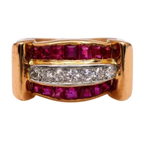 Retro French Diamond and Synthetic Ruby 18k Yellow Gold Tank Ring