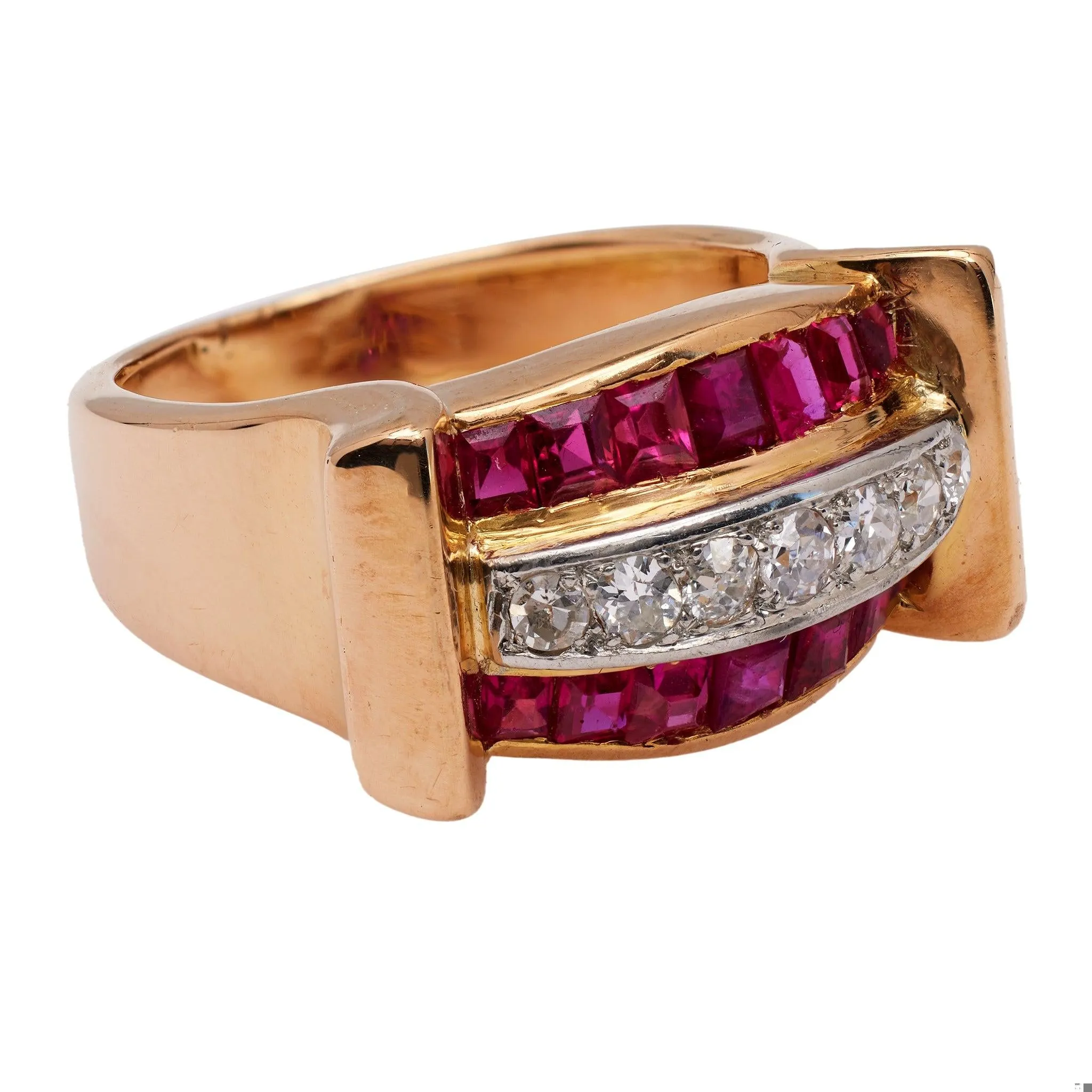 Retro French Diamond and Synthetic Ruby 18k Yellow Gold Tank Ring