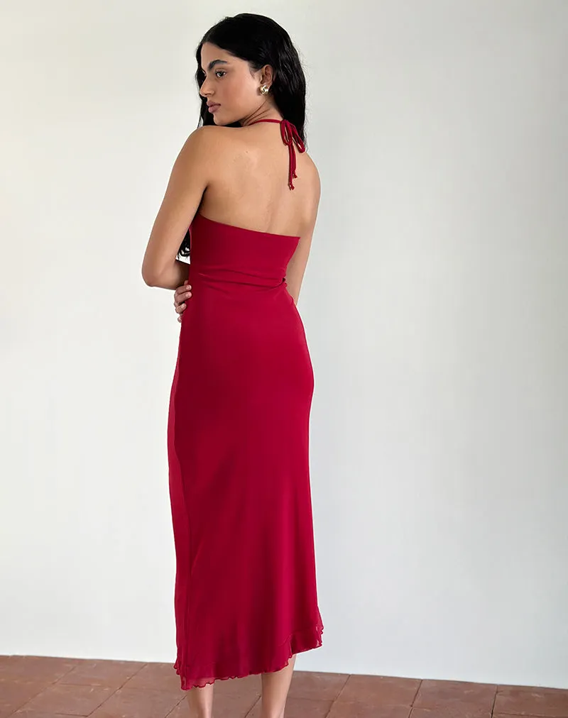 Ribka Halterneck Midi Dress in Mesh Cherry