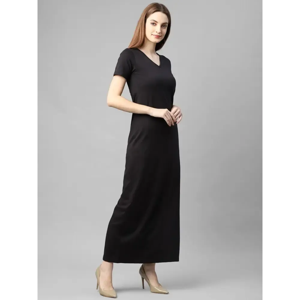 Rigo Women Black Half Sleeve V- Neck Cotton Maxi Dress