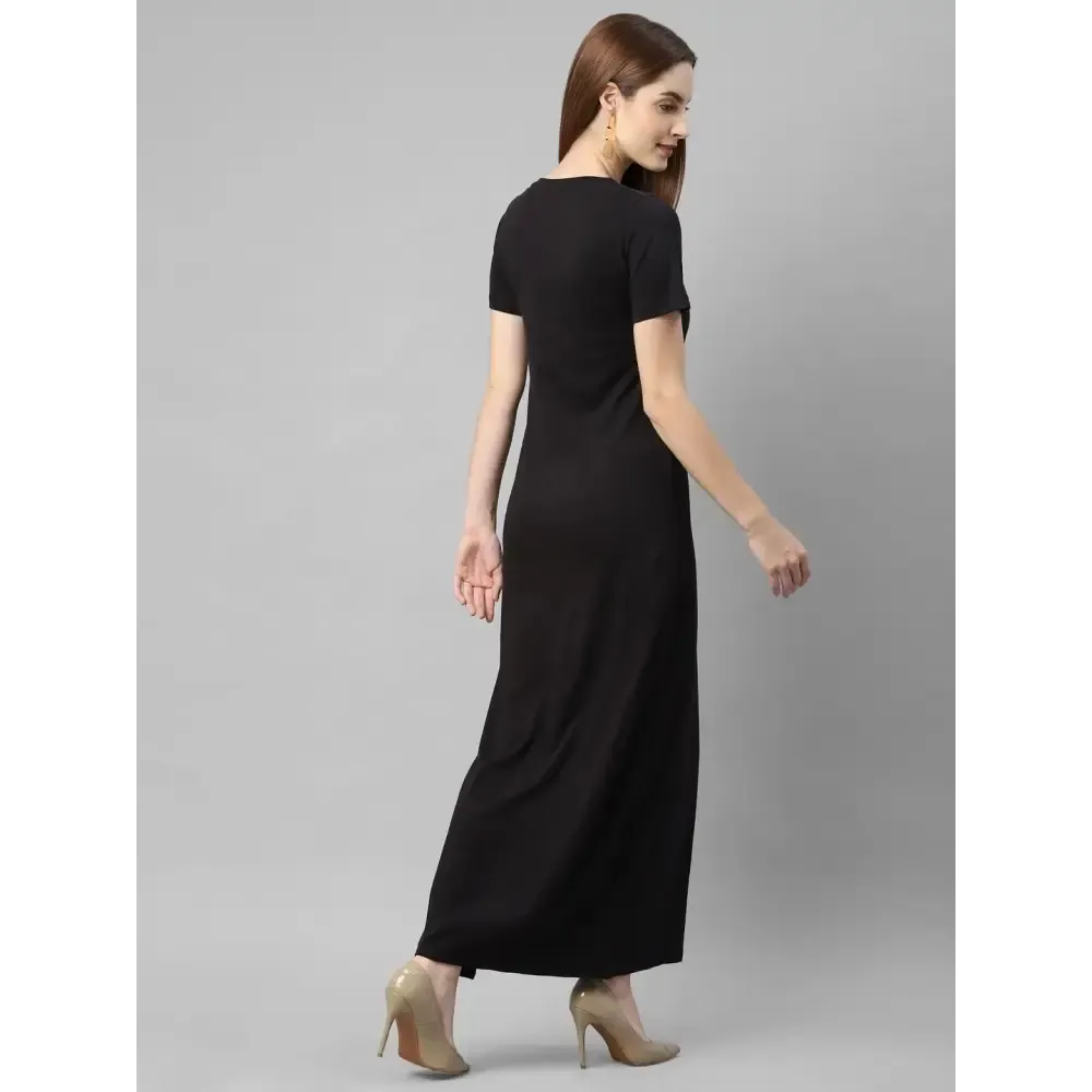 Rigo Women Black Half Sleeve V- Neck Cotton Maxi Dress