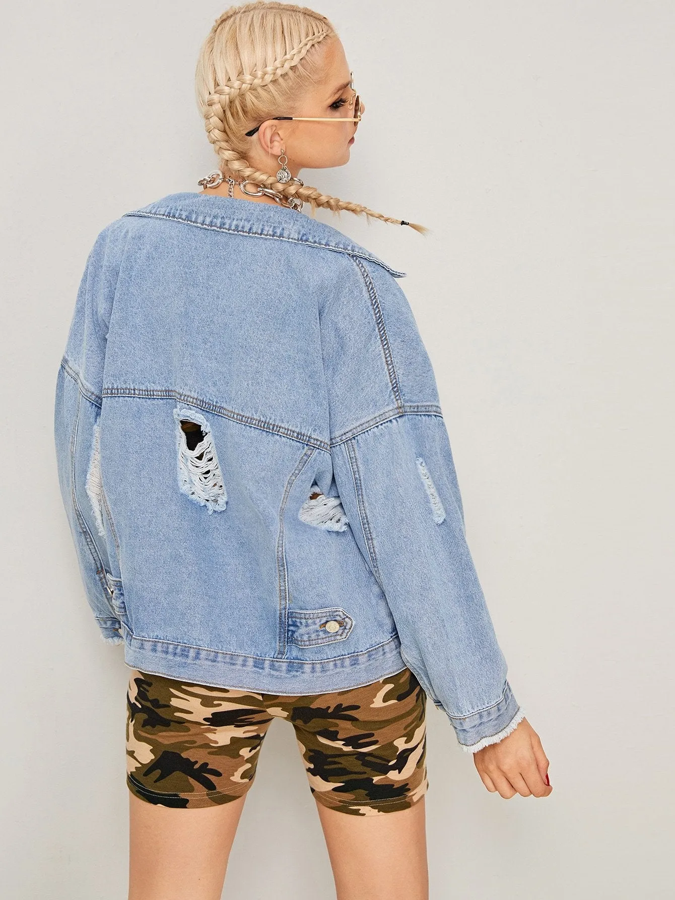 Ripped Raw Hem Denim Jacket