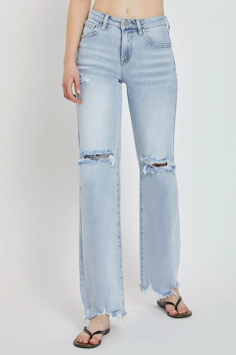 RISEN High Rise Distressed Wide Leg Light Wash Jeans