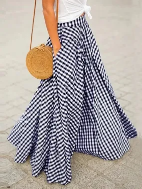 Romantic Blue and White Flowy Gingham Check Maxi Skirt