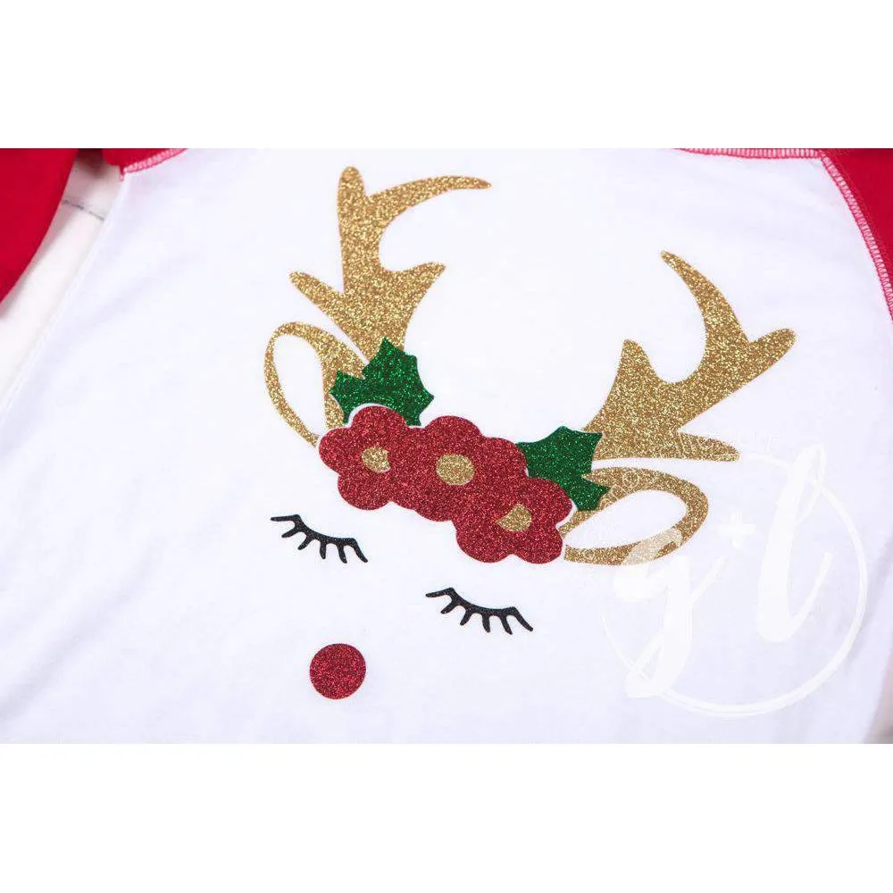 Rosie Reindeer Christmas Raglan Tee Shirt, White and Red & Gold Lame Headband