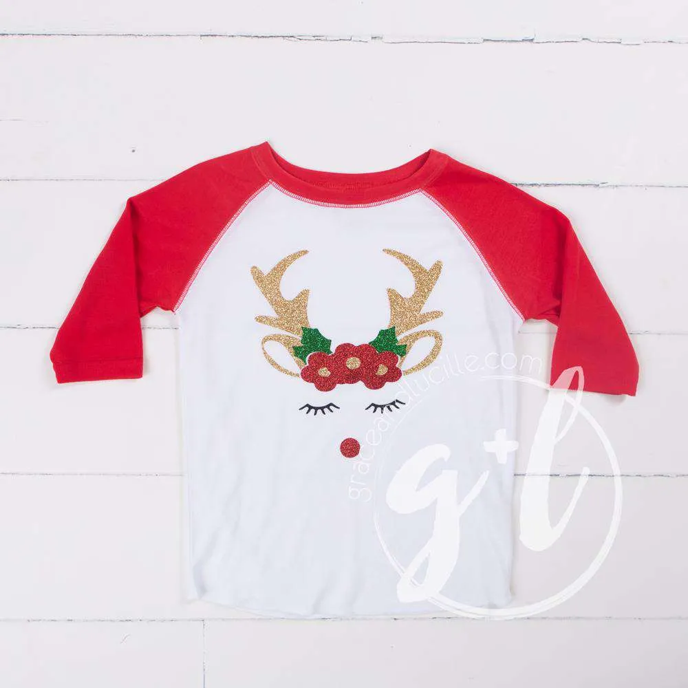 Rosie Reindeer Christmas Raglan Tee Shirt, White and Red & Gold Lame Headband