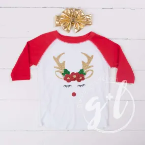 Rosie Reindeer Christmas Raglan Tee Shirt, White and Red & Gold Lame Headband